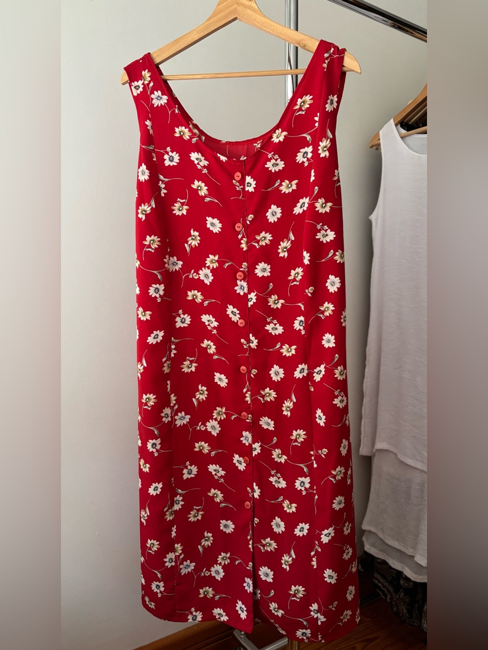 1990s Red Floral Tie-Back Midi Dress